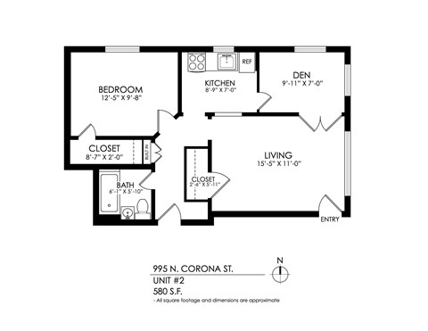 Floor plan for 1 bed, 1 bath, 580 sqft